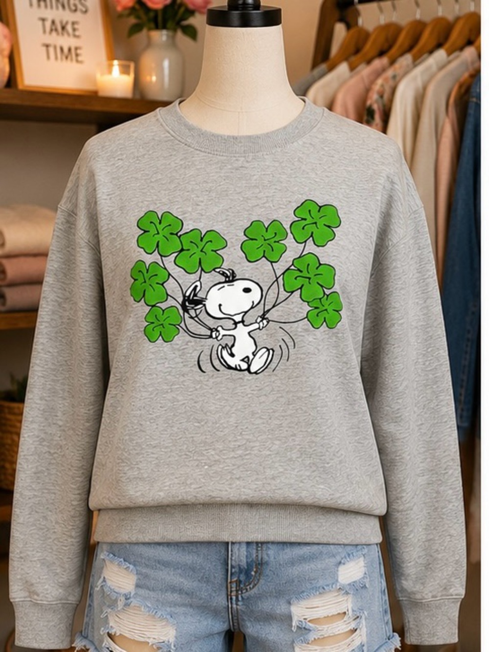 Peanuts Gray Crewneck Sweatshirt with Green Clover Snoopy Graphic